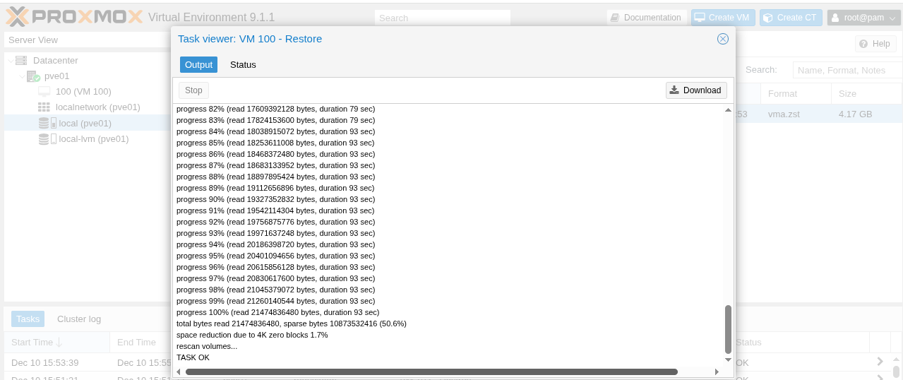 proxmox backup restore output