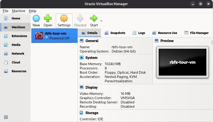virtualbox vm settings